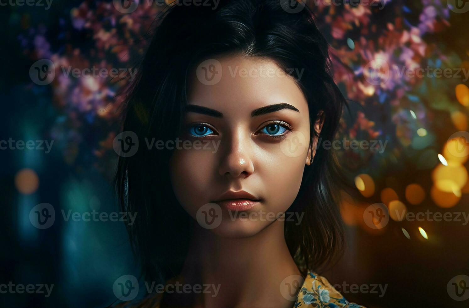 Woman with blue eyes and black hair portrait. Generate ai photo