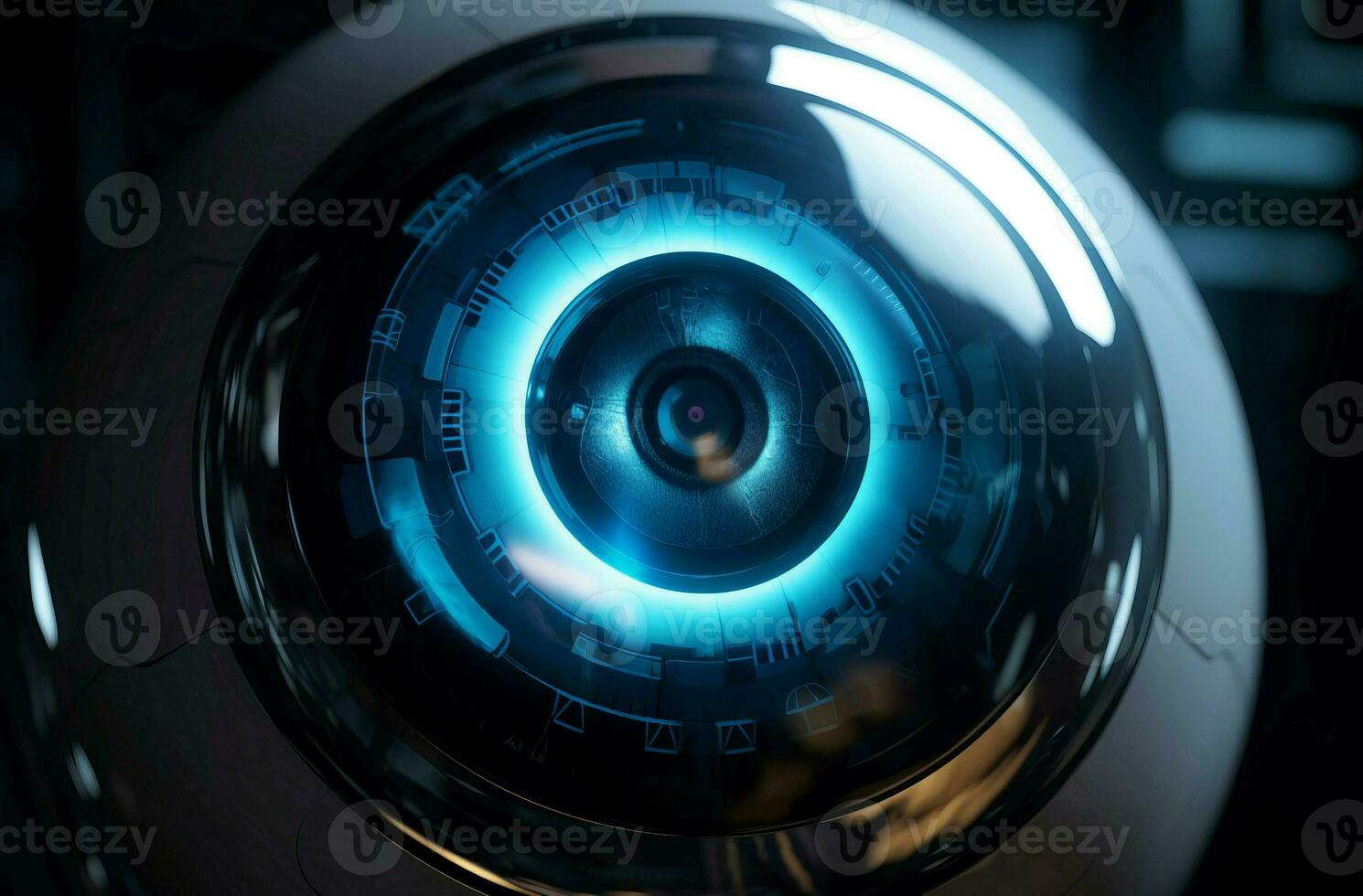 Blue robot lens closeup. Generate ai photo