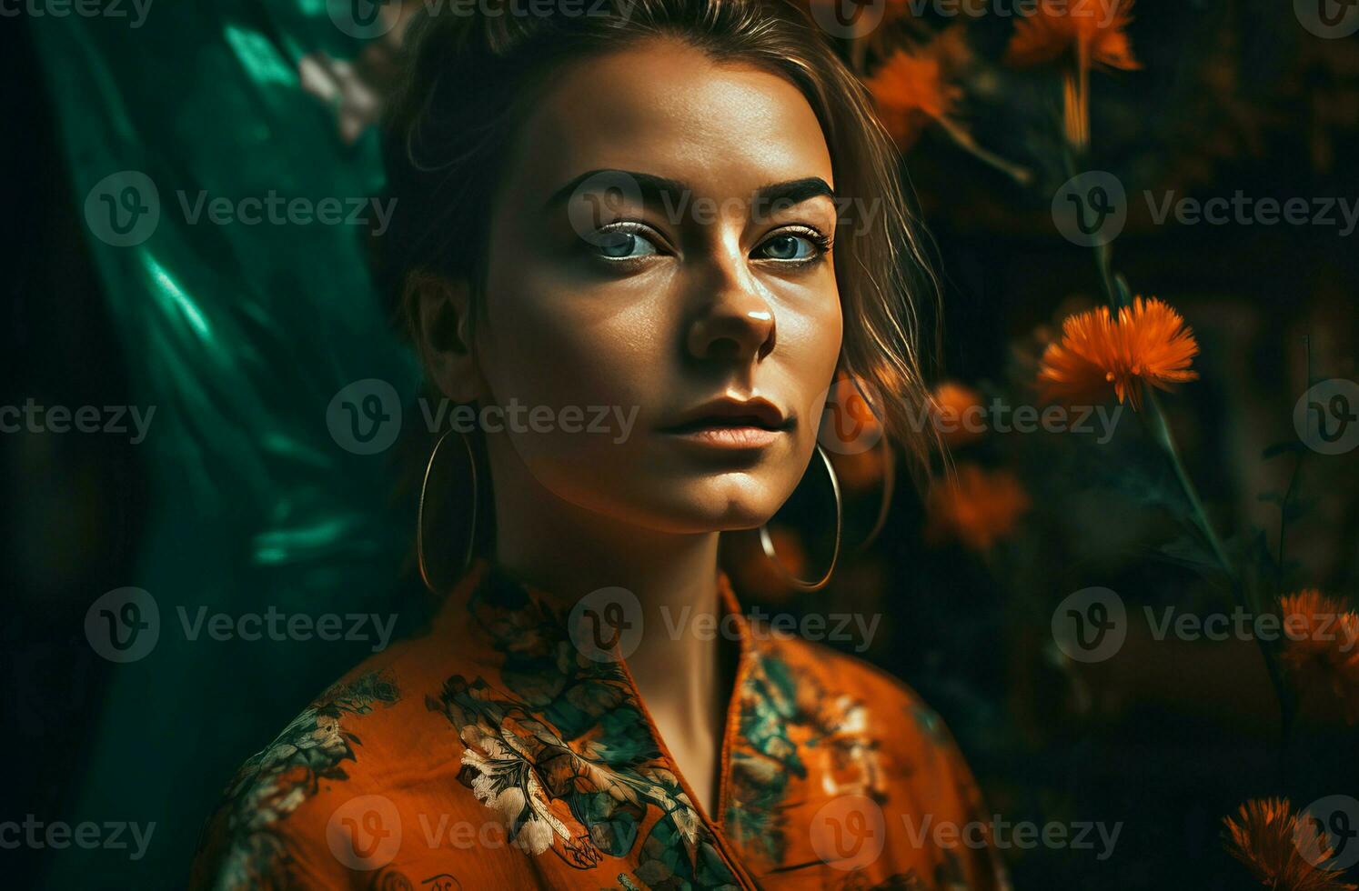 Woman in floral dress posing on blossom background. Generate ai photo