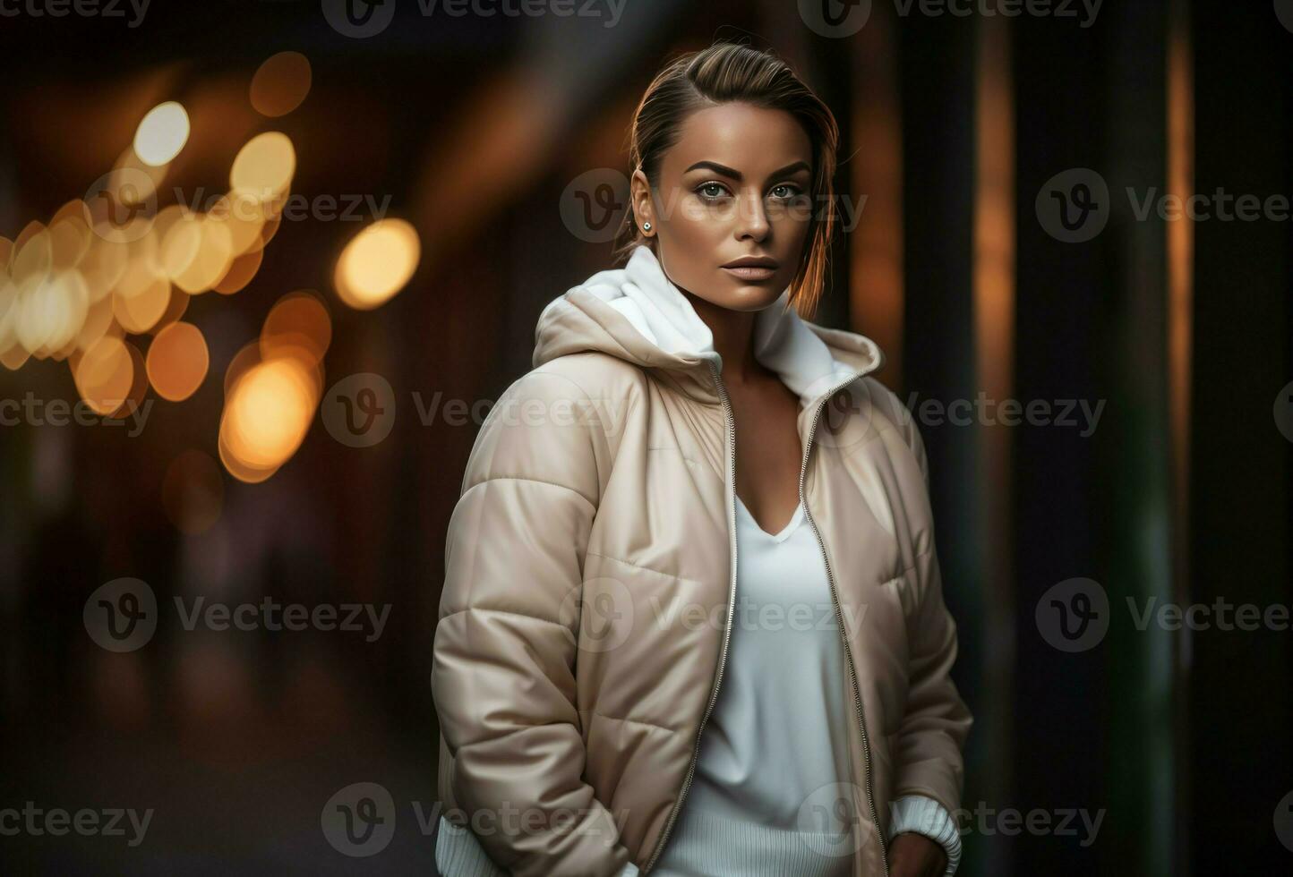 AI generated Woman in puffer jacket outdoor portrait. Generate ai photo