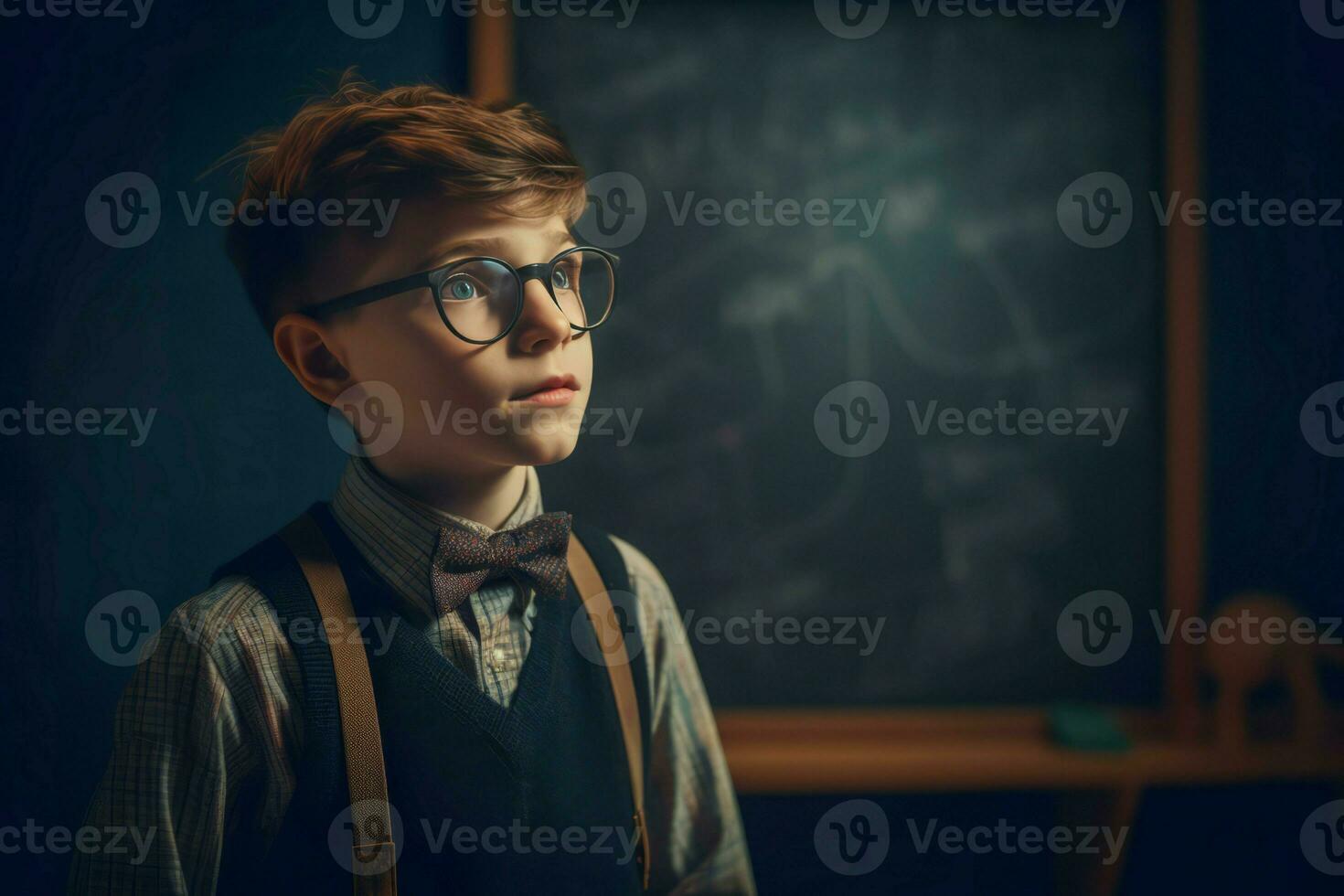 AI generated Young schoolboy with eyeglasses at the chalkboard. Generate ai photo