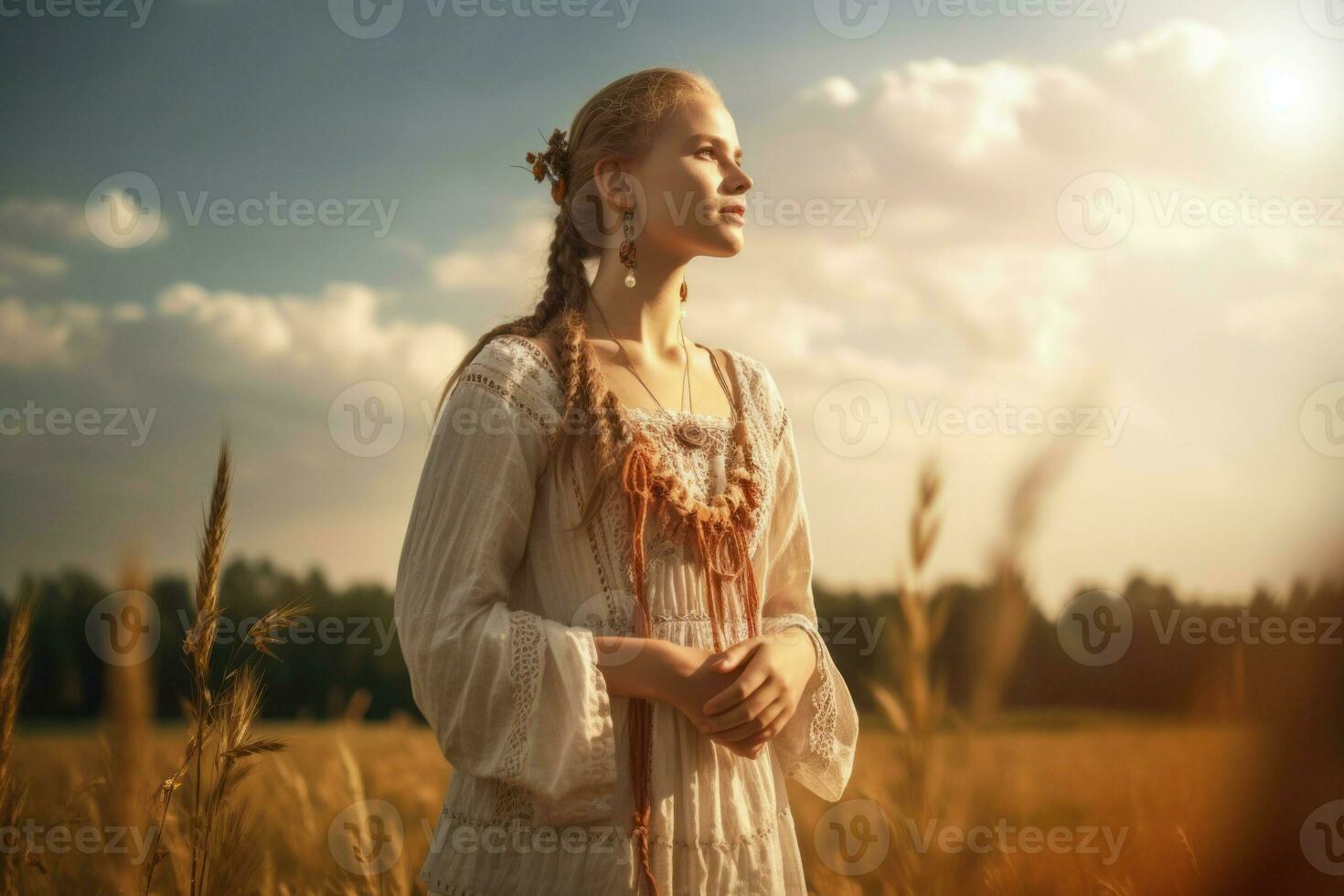 AI generated Slavic girl in sundress in rural meadow. Generate ai photo