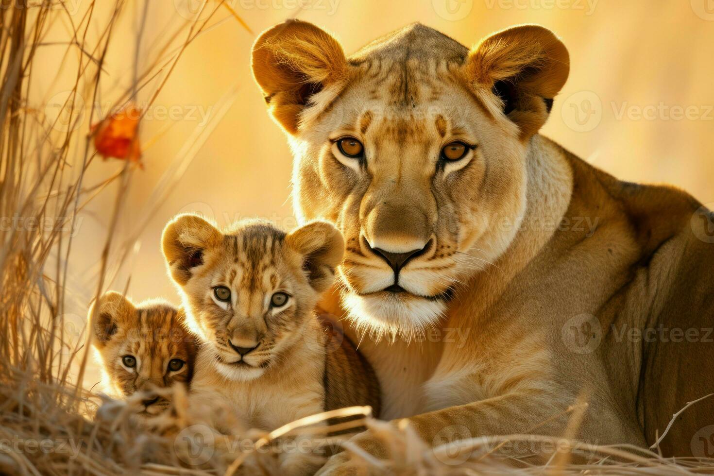 AI generated Fiery Lioness her cubs sunset. Generate Ai photo