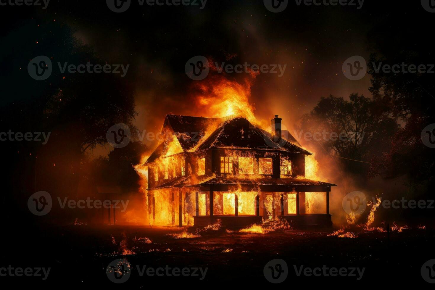 AI generated Destructive House in fire. Generate Ai photo