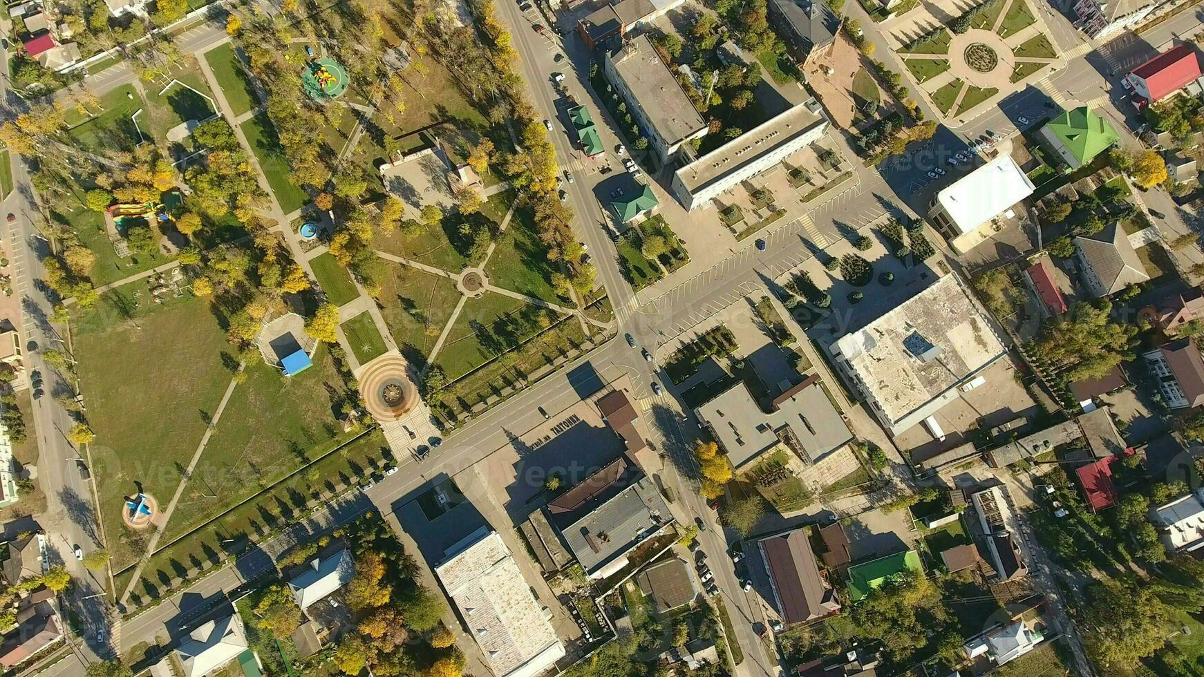 Top view of the village. The village of Poltavskaya. Central Park and Red Street. photo