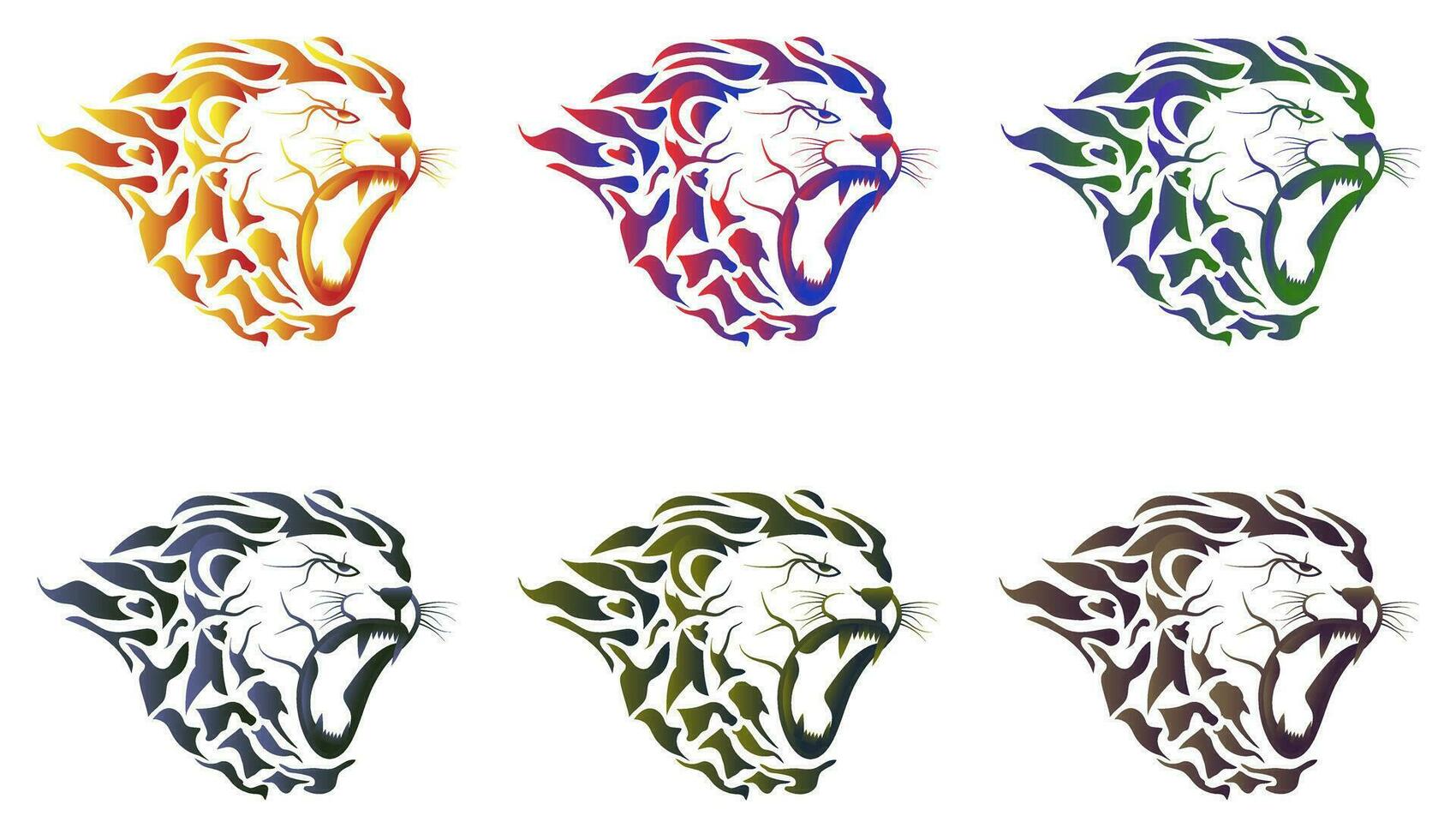 Set of colorful fire lion head logos. the lion opened his mouth. vector