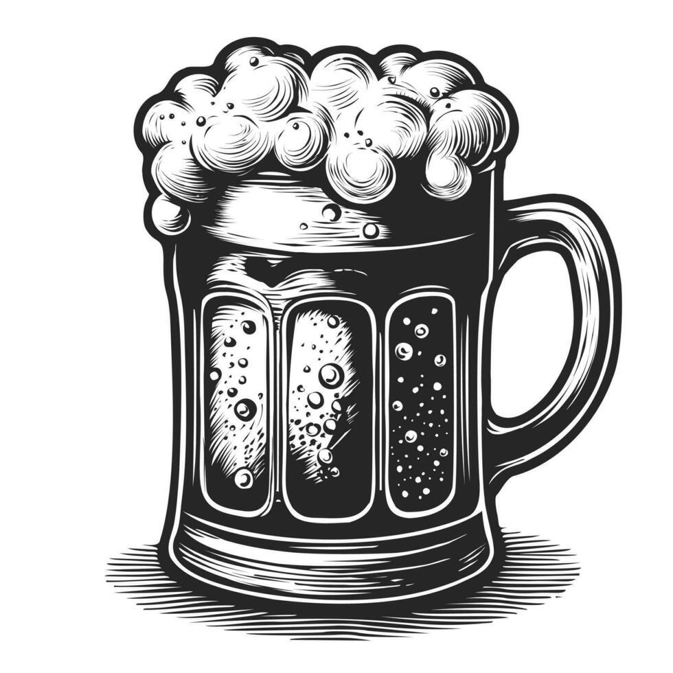 vector mano dibujado cerveza vaso lleno de trigo cerveza con espuma. Clásico grabado ilustración aislado en blanco antecedentes. Clásico grabado cerveza jarra o jarro con goteante espuma. tinta mano dibujado estilo