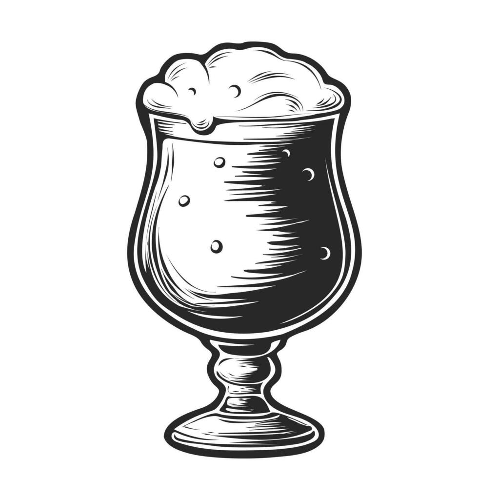 vector mano dibujado cerveza vaso lleno de trigo cerveza con espuma grabado ilustración. Clásico grabado cerveza jarra o jarro con goteante espuma aislado en blanco antecedentes. alcohólico bebida en cristalería.