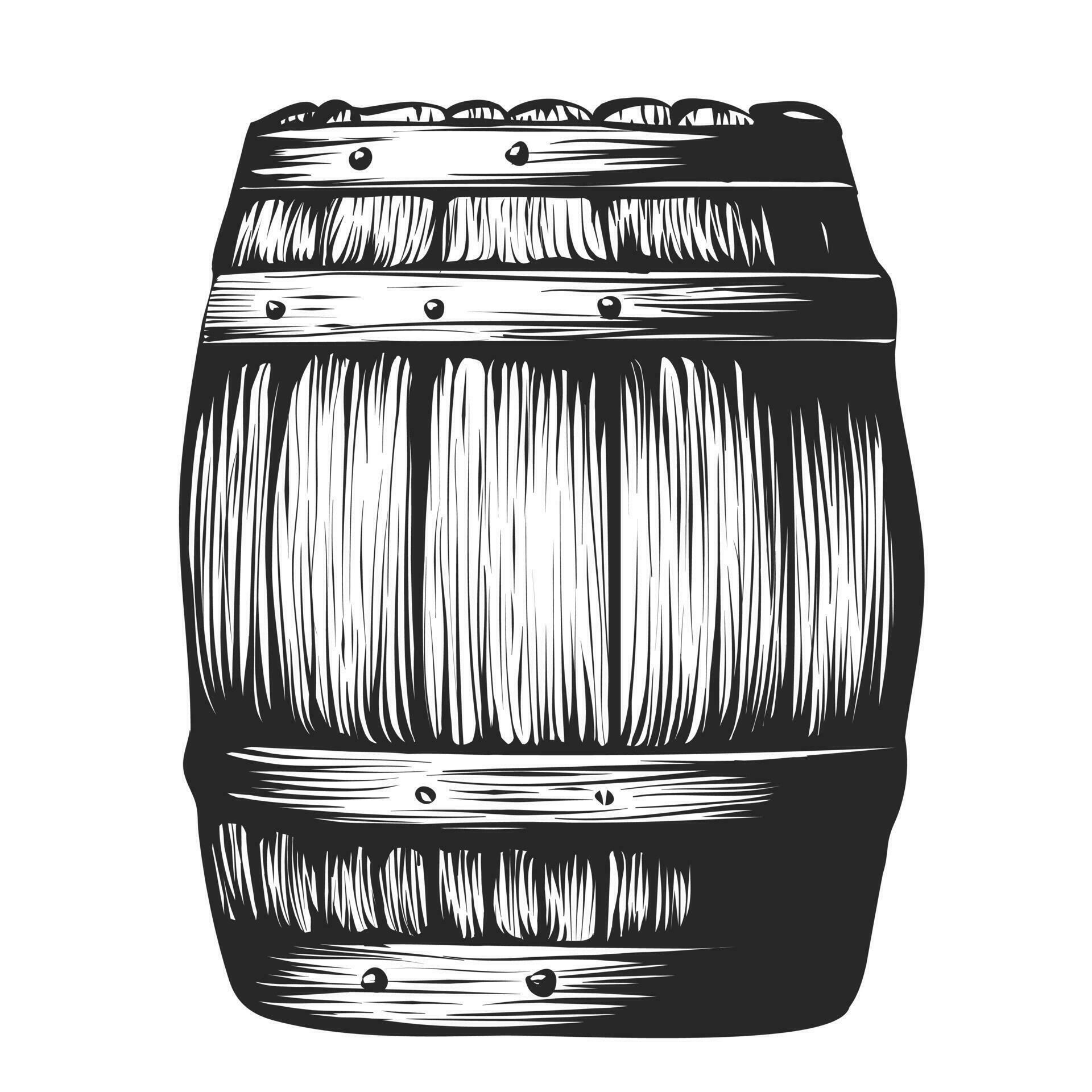 Oak wooden barrel sketch. Hand drawn engraving woodcut style. Rustic