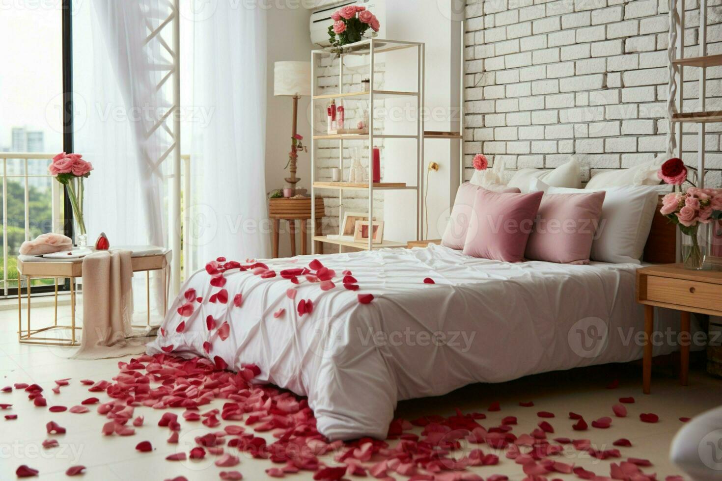 ai generado hotel romance cama adornado con Rosa pétalos creando un romántico ajuste ai generado foto
