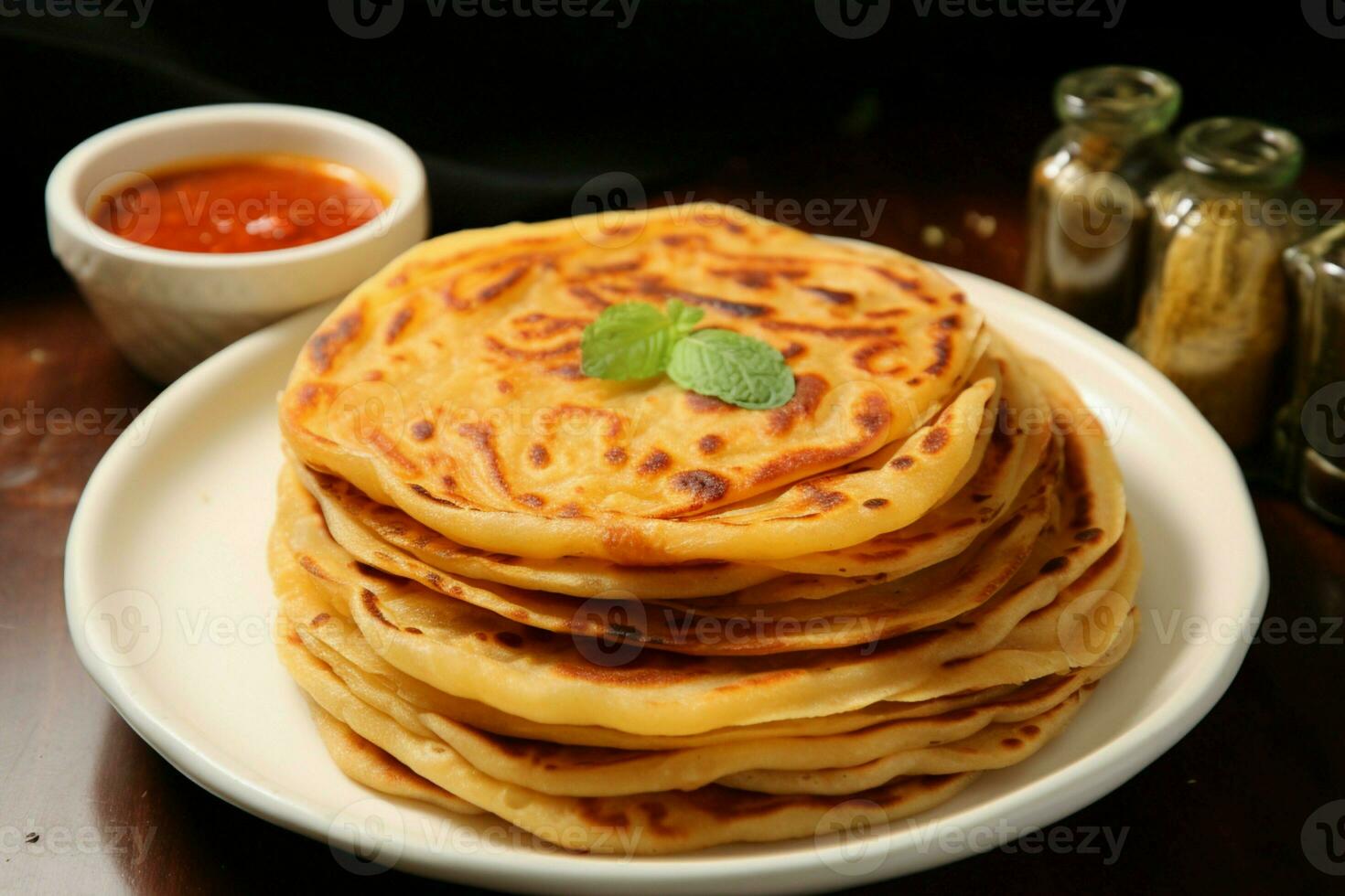 AI generated Plate presentation favorite breakfast dish, paratha, canai, or roti Maryam photo