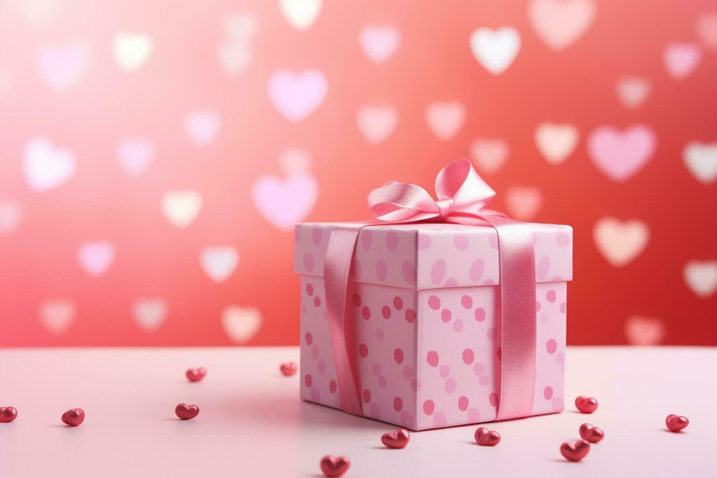 AI generated Pink gift box with pink hearts and bokeh background. 3d rendering Happy Valentine's day  Generated ai photo