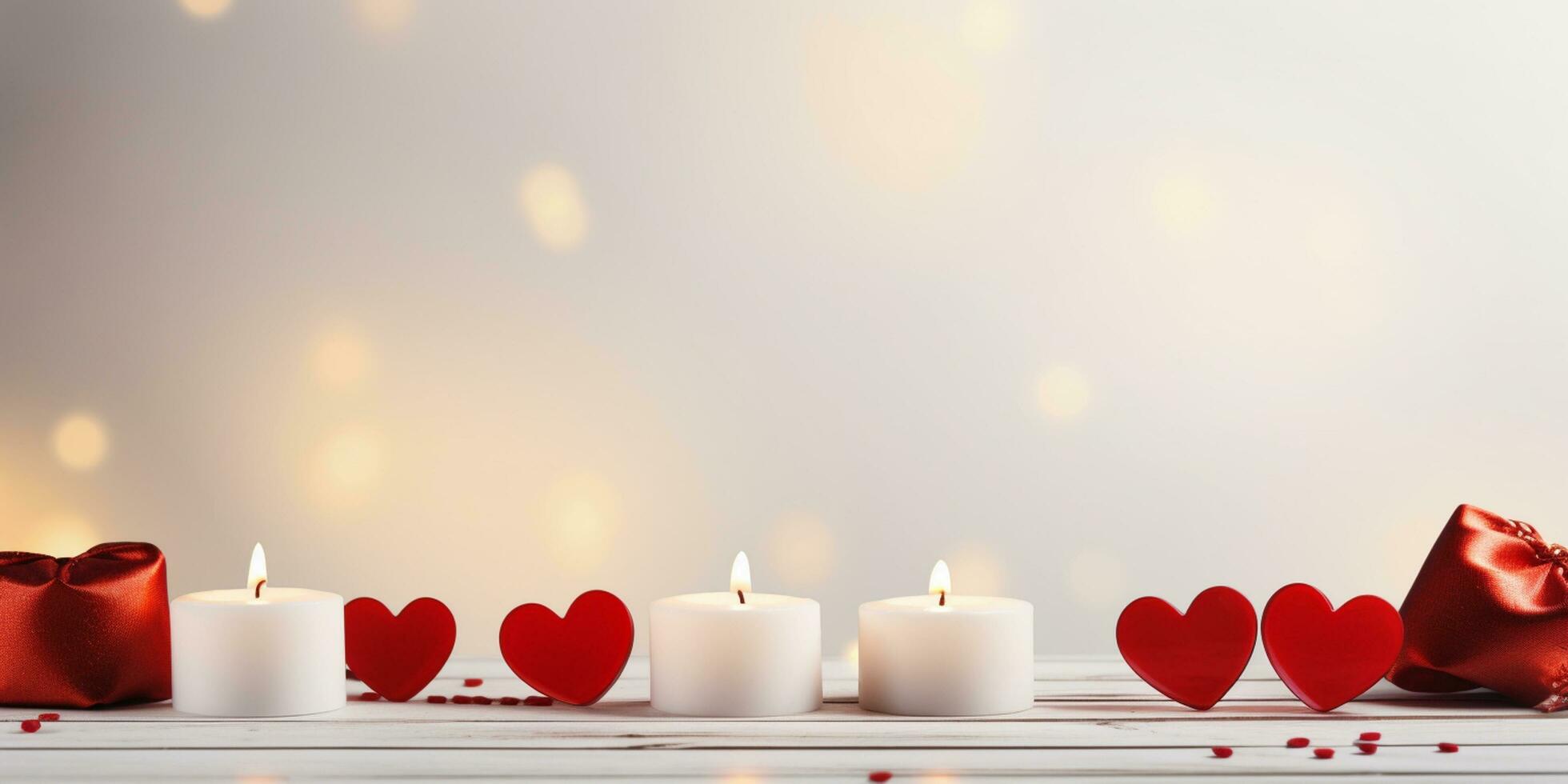 AI generated Valentine's Day background with candles and red hearts on white wooden table  Generated ai photo