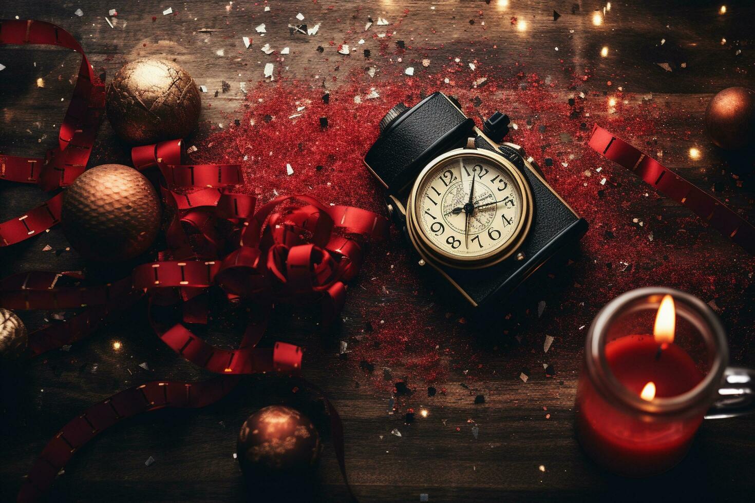 AI generated Flat lay composition with vintage camera and new year decorations on dark background photo