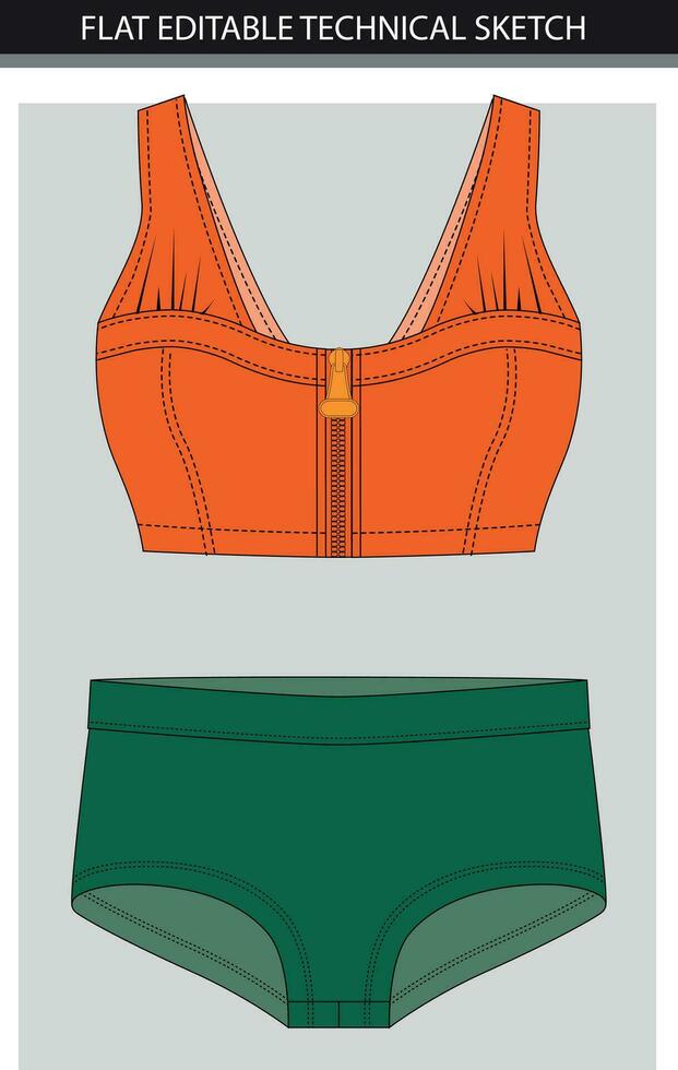 Women's swimsuit. Vector illustration orange bra with zipper and green pantie