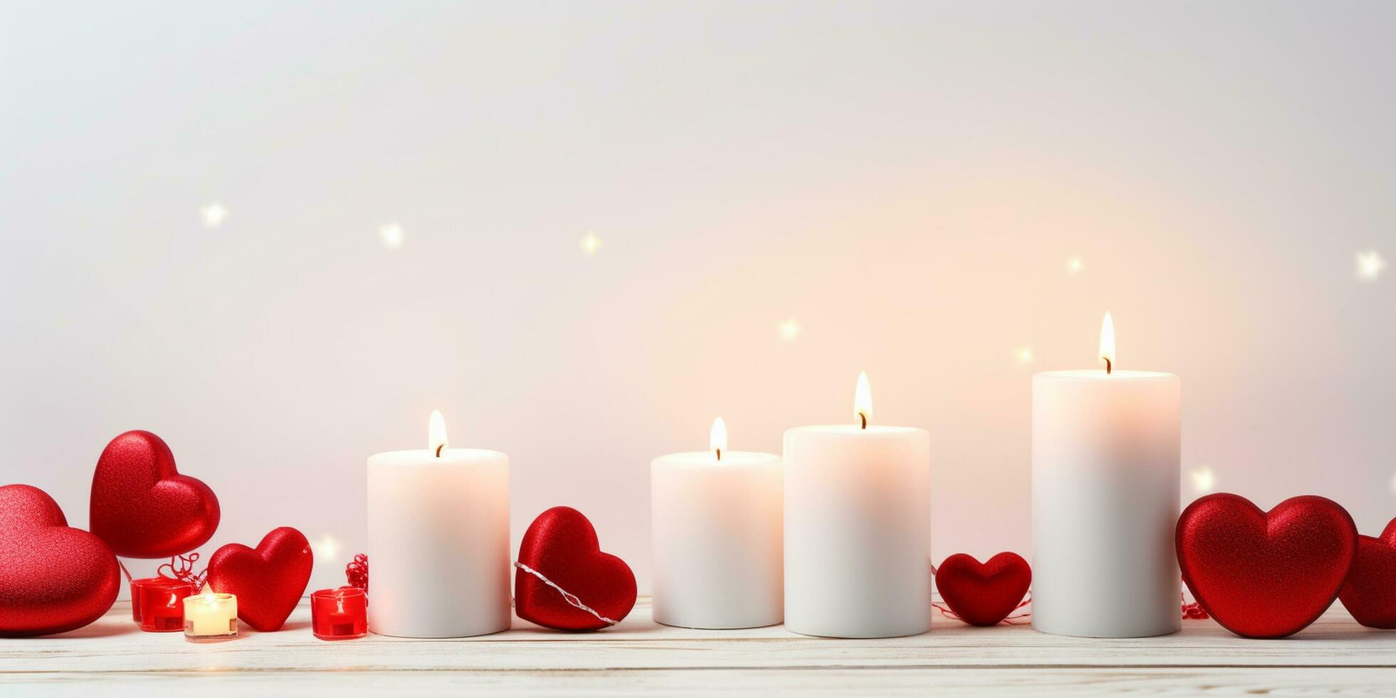 AI generated Valentine's Day background with candles and red hearts on white wooden table  Generated ai photo