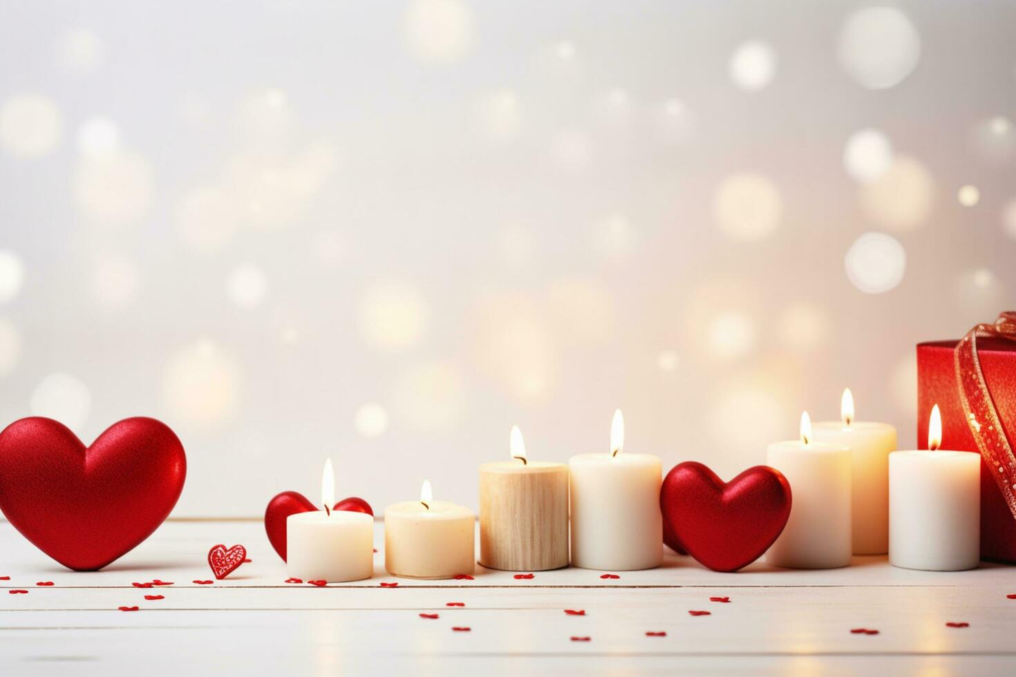 AI generated Valentine's Day background with candles and red hearts on white wooden table  Generated ai photo