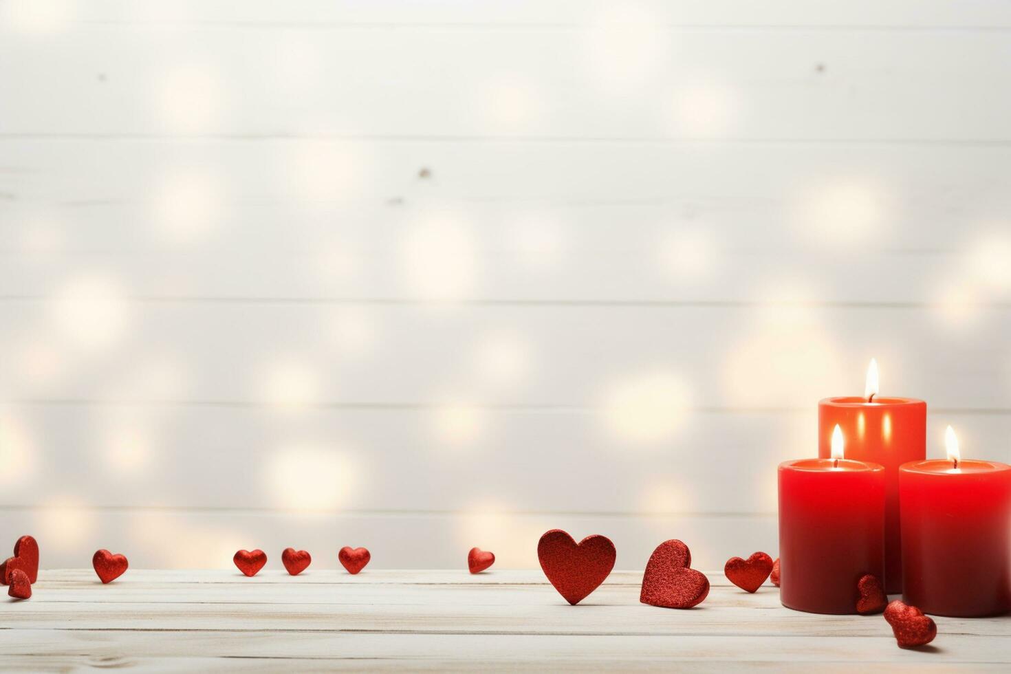 AI generated Valentine's Day background with candles and red hearts on white wooden table  Generated ai photo