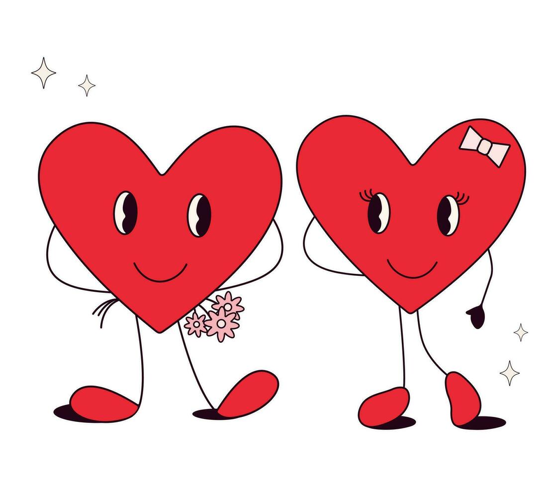 Groovy Retro happy Valentines day in trendy retro 70s cartoon style.Groovy lovely heart in trendy retro 60s cartoon style.Happy Valentines Day.Funky happy lovely heart character.Love concept.Vector vector