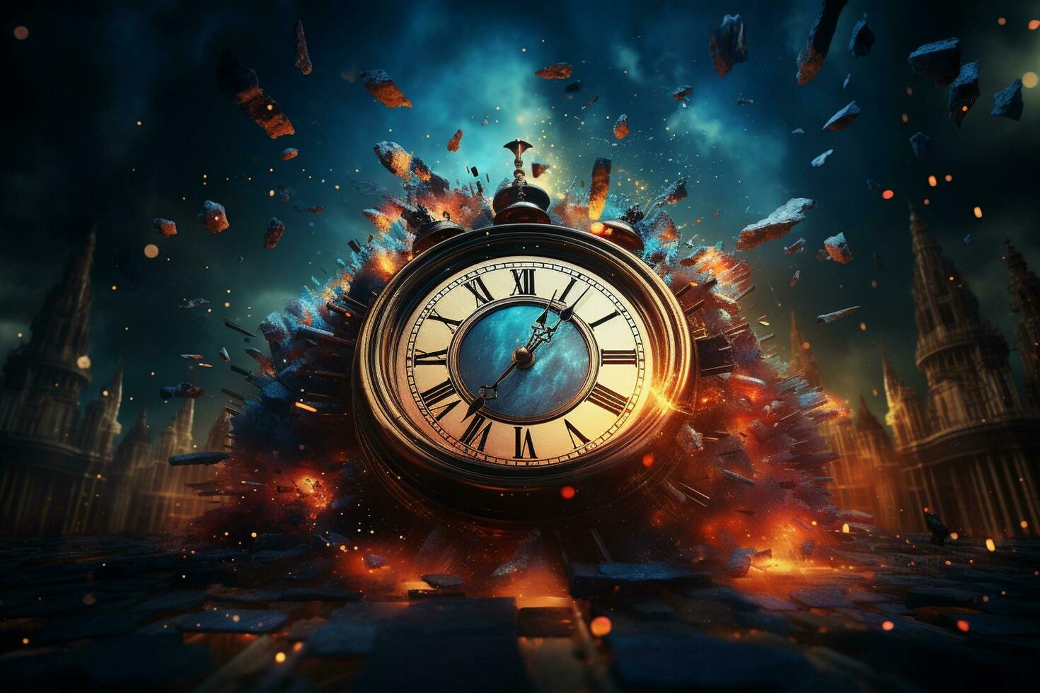 AI generated Image of old vintage pocket watch over burning fire background. Time concept happy new year Generative ai photo