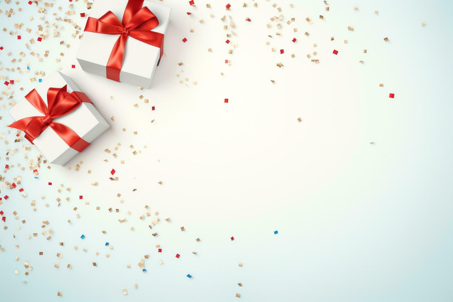 AI generated White gift box with red ribbon and confetti on blue background.  Generated ai photo