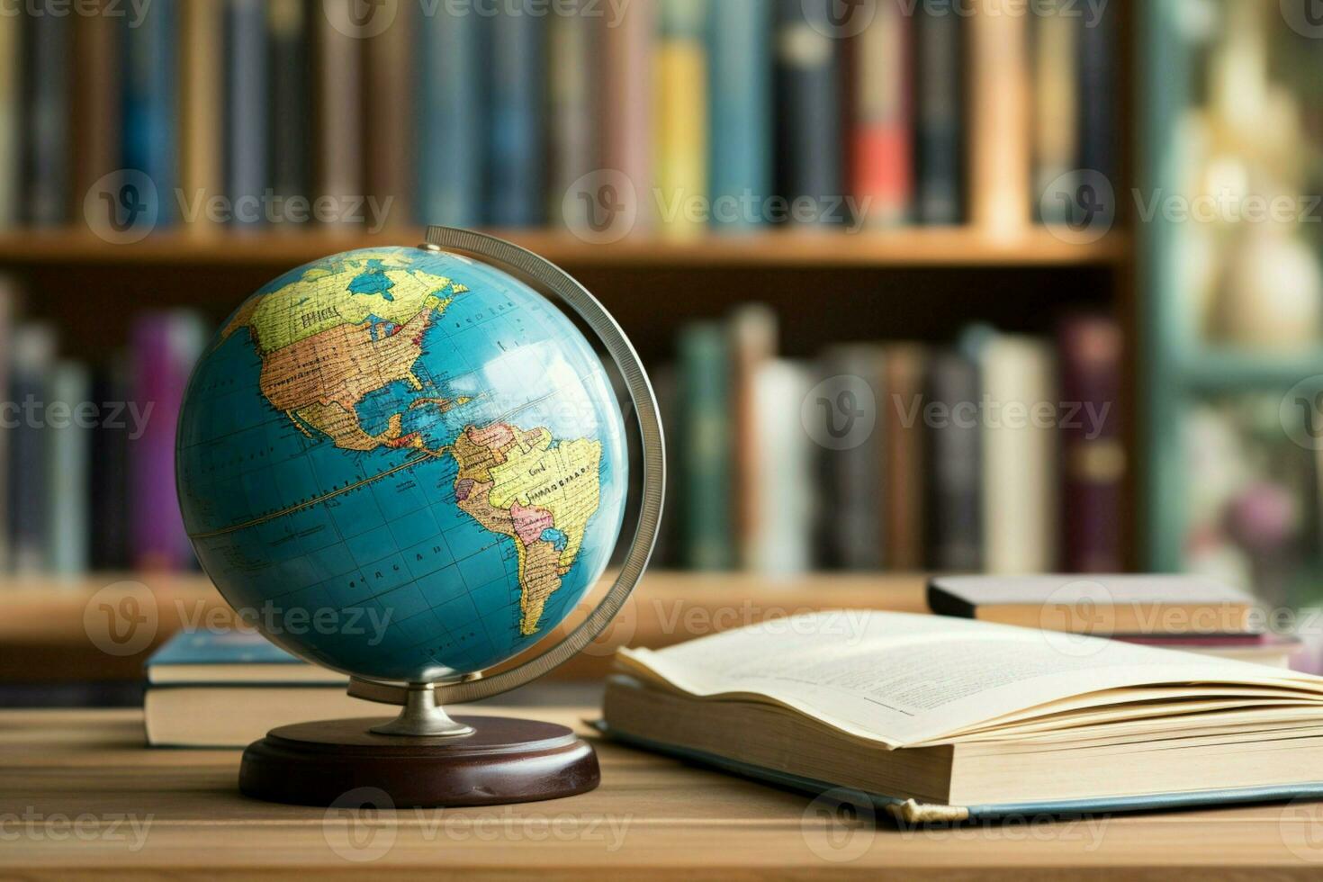 AI generated Knowledge worldwide Earth globe paired with a stack of books AI Generated photo