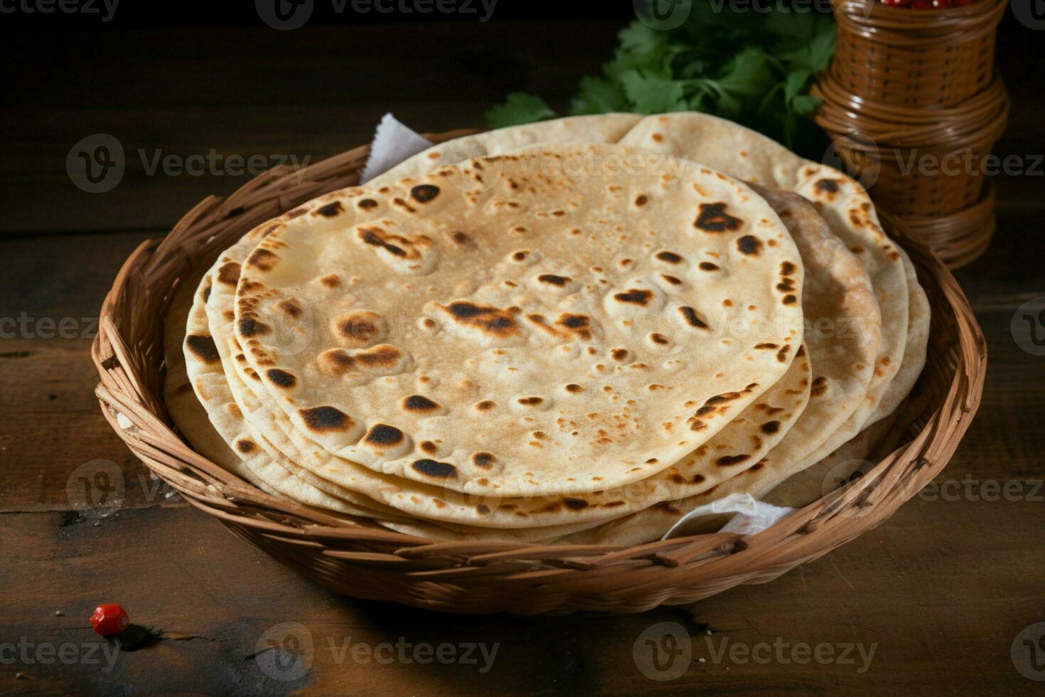 ai generado chapati en de madera fondo, representando auténtico indio tradicional cocina foto