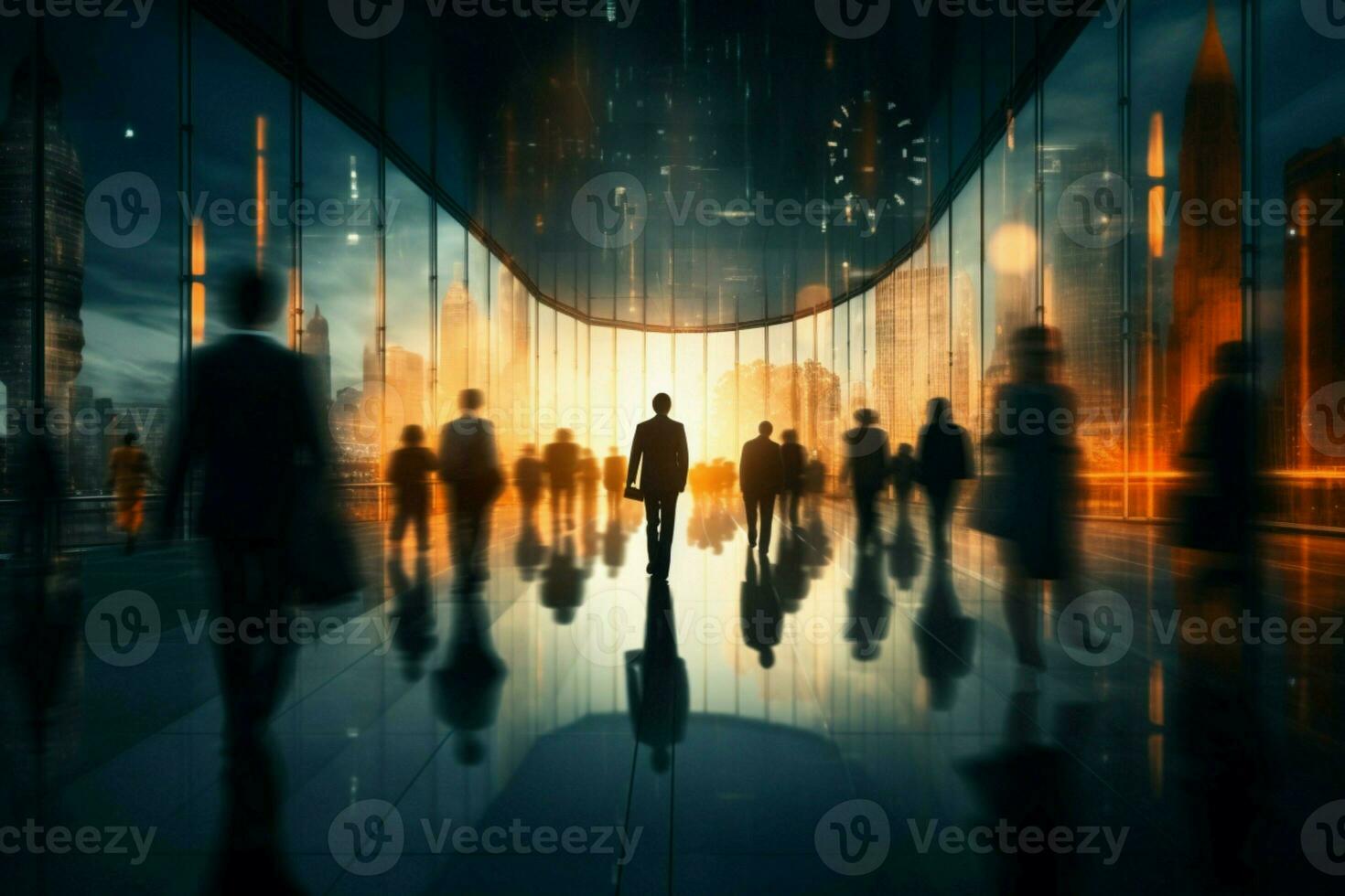 AI generated Urban hustle Silhouettes of business people navigating the city portraying time management AI Generated photo