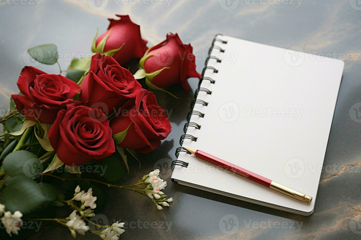 ai generado mármol escritorio elegancia parte superior ver plano laico con cuaderno y rosas foto