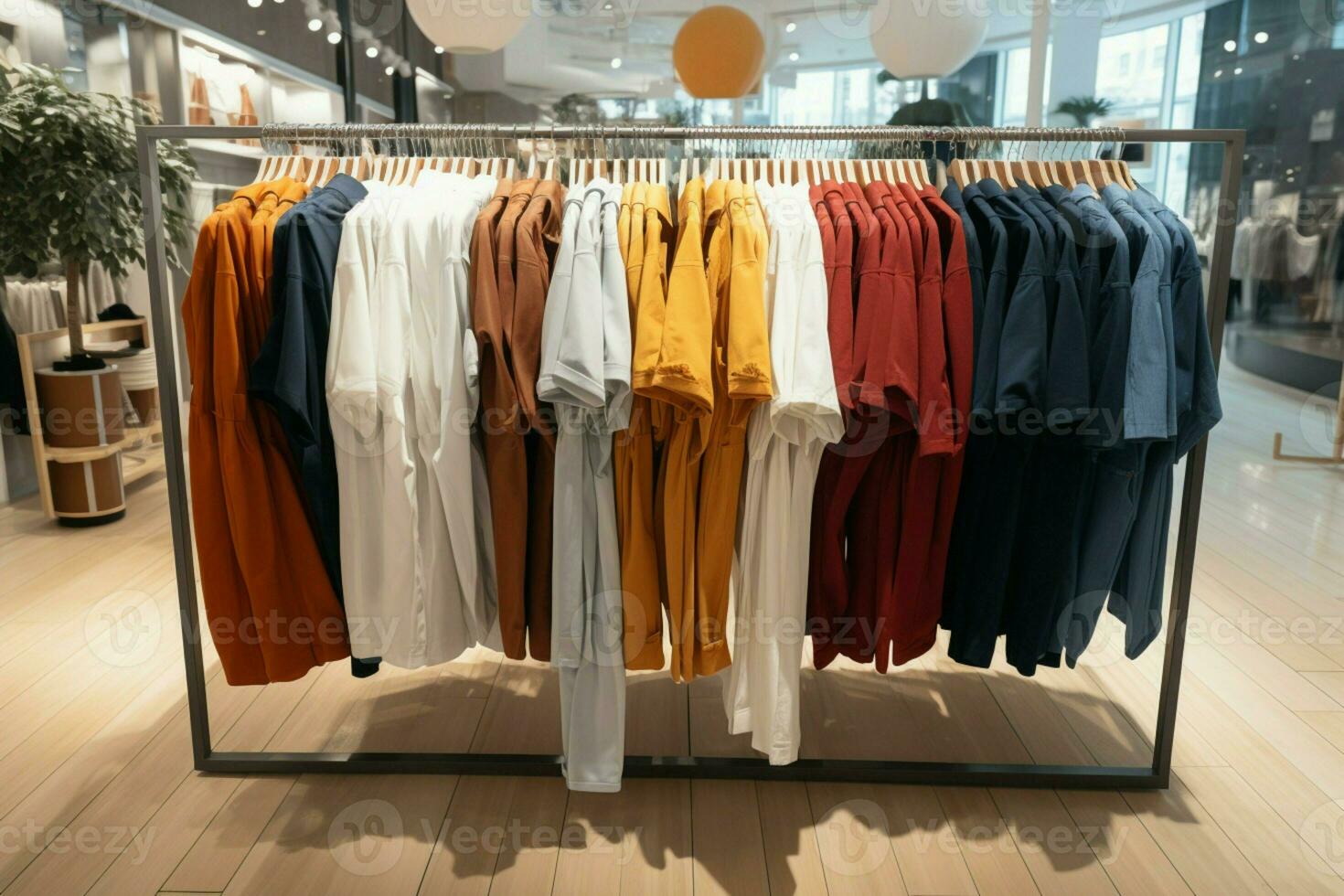 AI generated Clothing store interior, no people, displaying mens and womens apparel photo