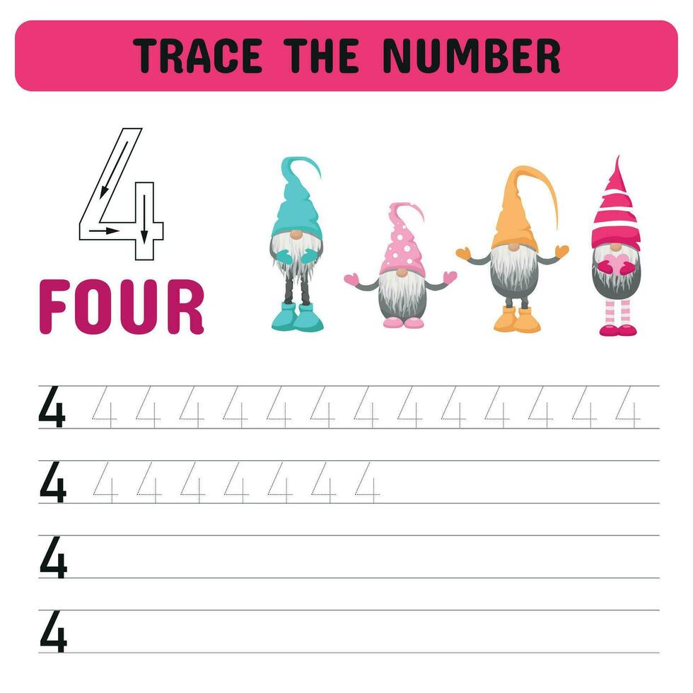 Trace the number . Tracing number worksheet for kindergarten, preschool for learning numbers and handwriting practice activities. Educational children game, printable worksheet. Vector illustration