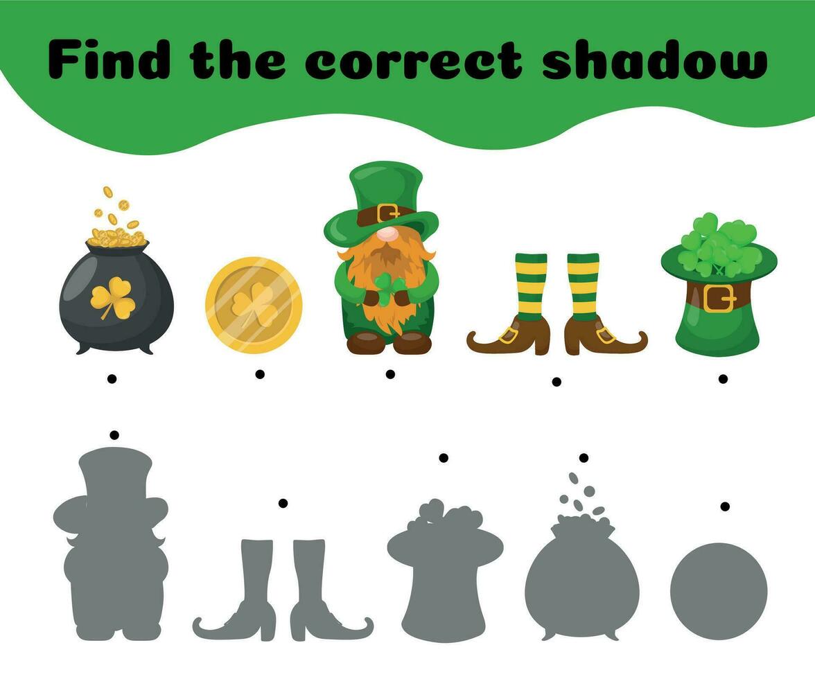 Find the correct shadows .Shadow matching game with hand-drawn cute Saint Patrick day symbols. Educational printable activity page for kids stock. Vector illustration