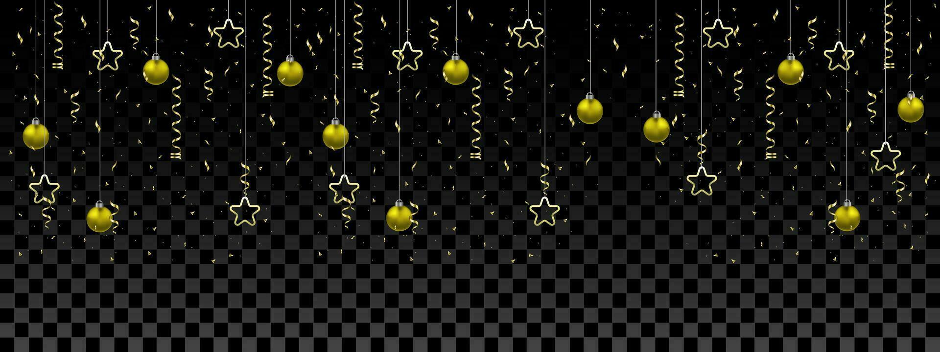 Gold ball star ribbon pattern on dark grey checkered seamless background design fo Merry Christmas and Happy New Year holiday festival celebration vector