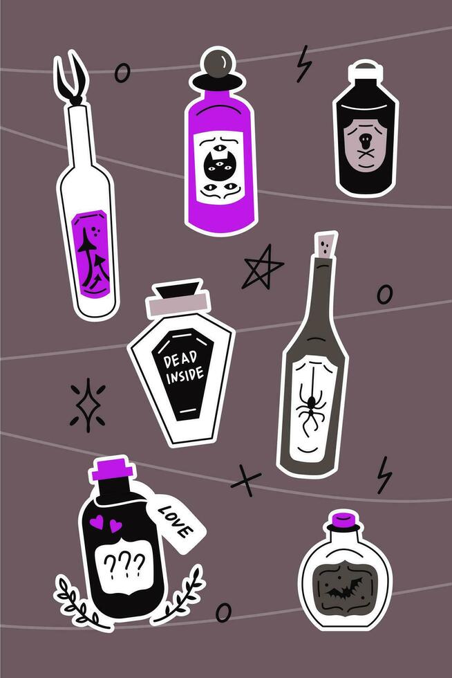 conjunto de poción botellas pegatinas vector