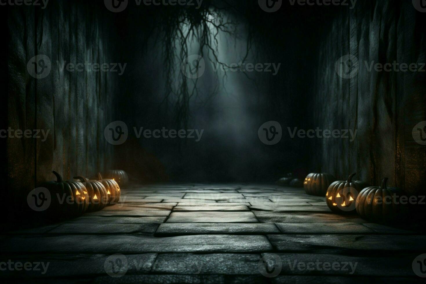 AI generated Haunting Halloween Dark horror background sets a mysterious stage with wooden planks AI Generated photo