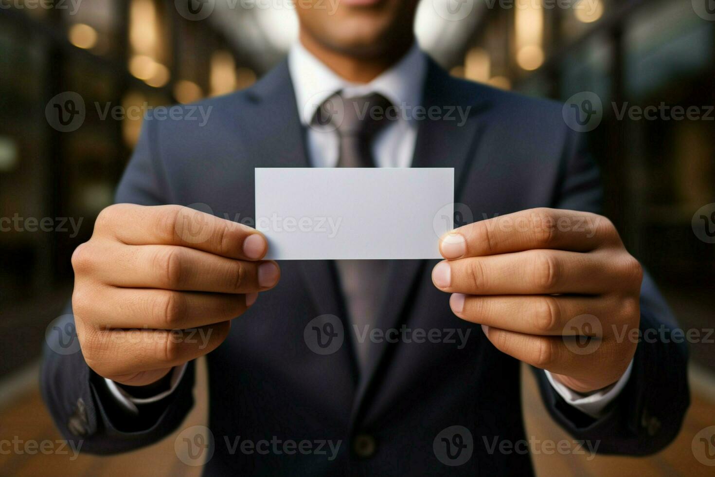 AI generated Business elegance Close up of a man in a suit showcasing a business card mockup AI Generated photo