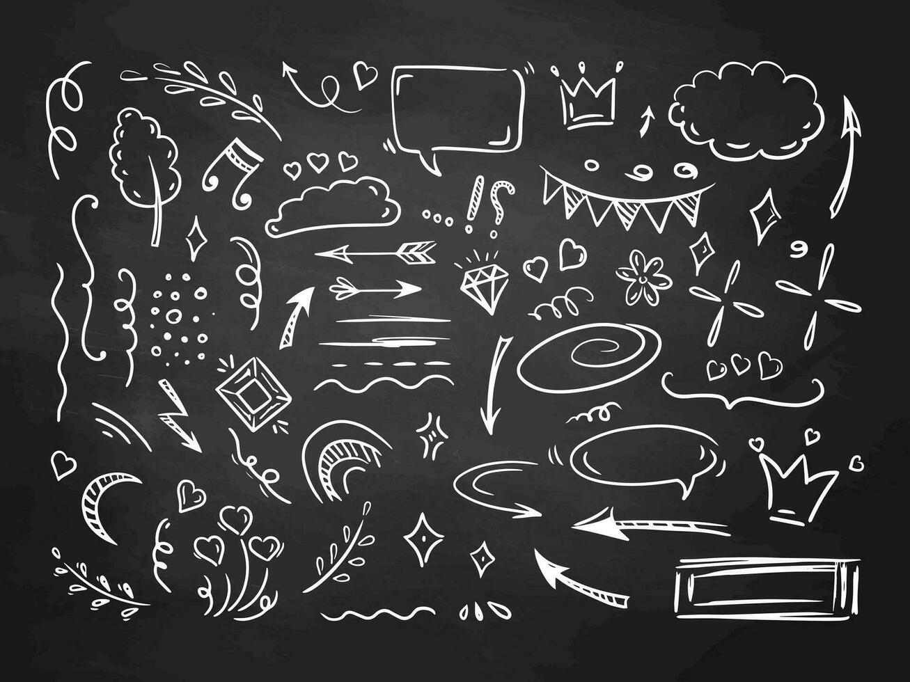 Simple sketch line style elements. Doodle cute ink pen line elements isolated on chalkboard background. Doodle arrow, heart, star, decoration symbol, icon set. Vector illustration.