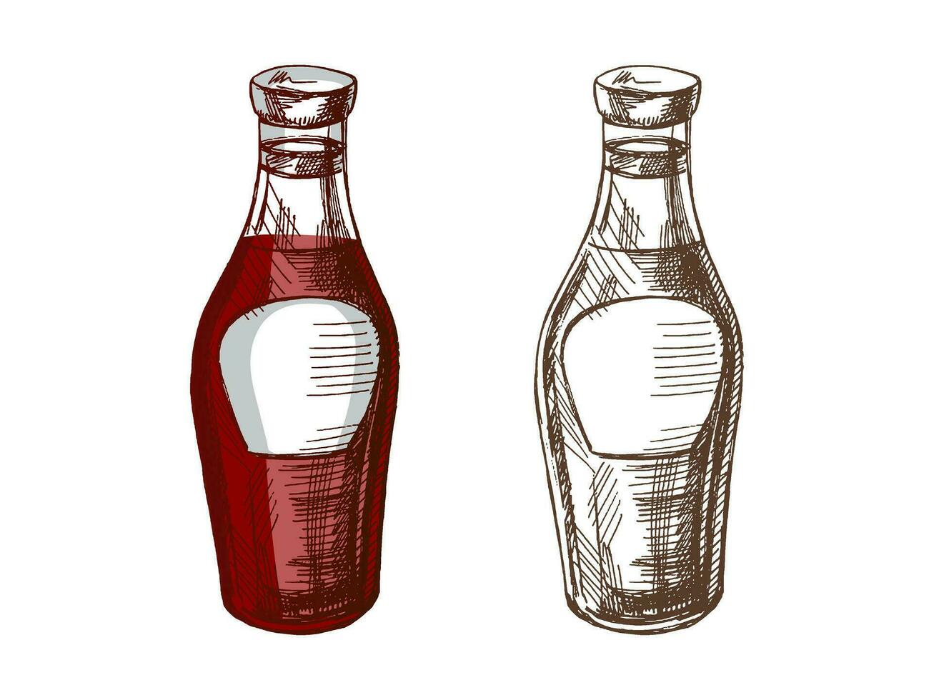 Organic food. Hand-drawn colored and monochrome vector sketch of glass bottle with sauce, ketchup. Doodle vintage illustration. Decorations for the menu. Engraved image.