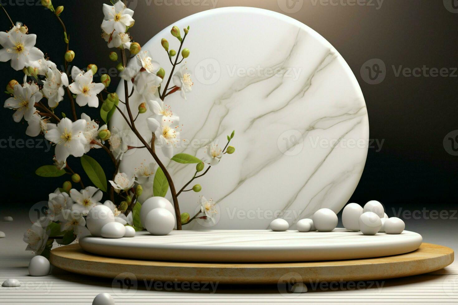 AI generated Minimalistic white podium with stone accents, featuring a floral arrangement photo