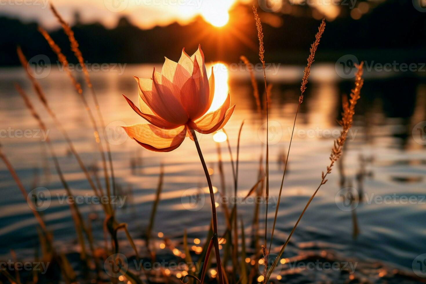 AI generated Scenic lake view with free photo featuring water lilies and rocks