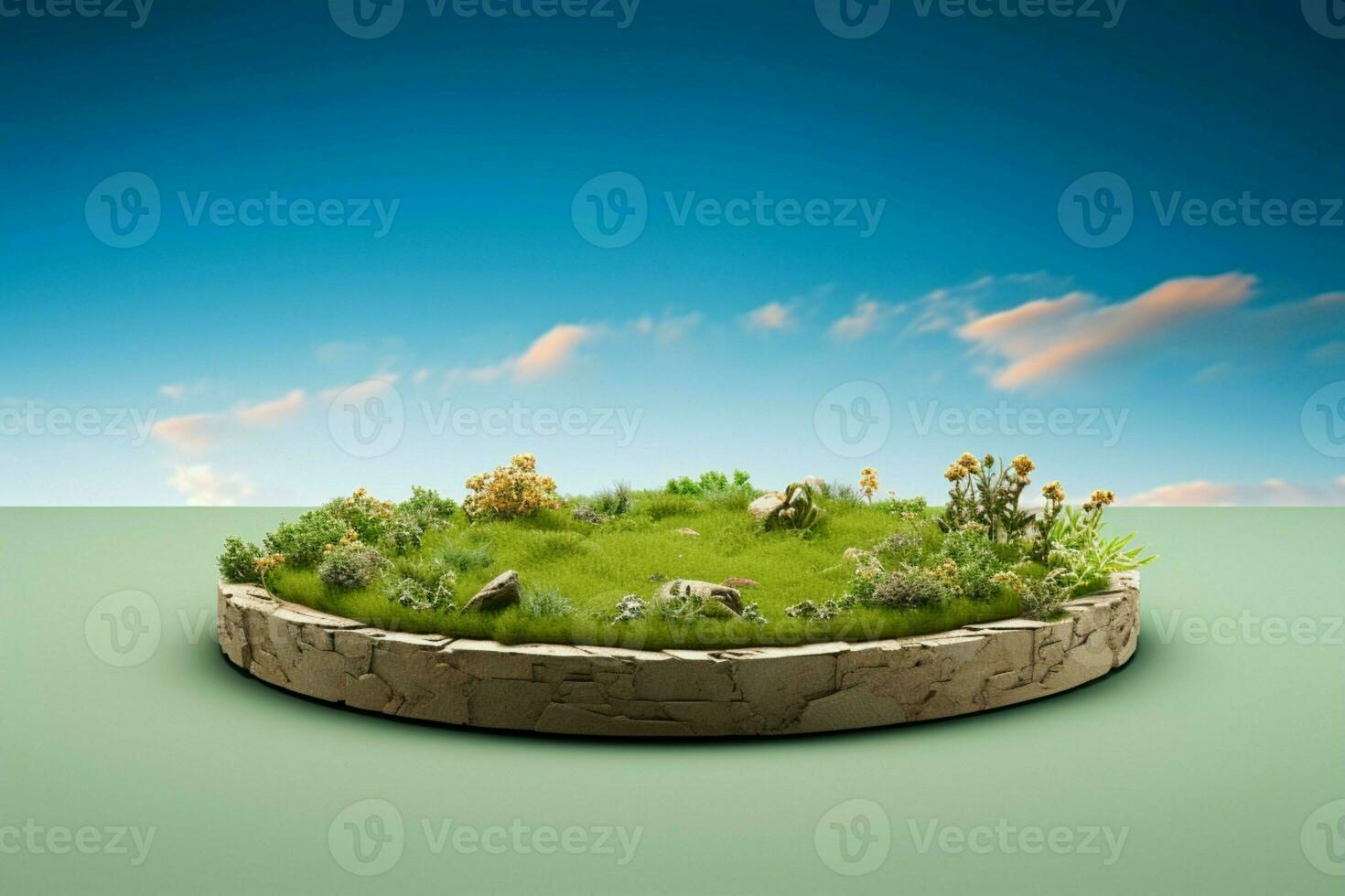 AI generated Meadow inspired 3D rendering with a circular podium on soil photo