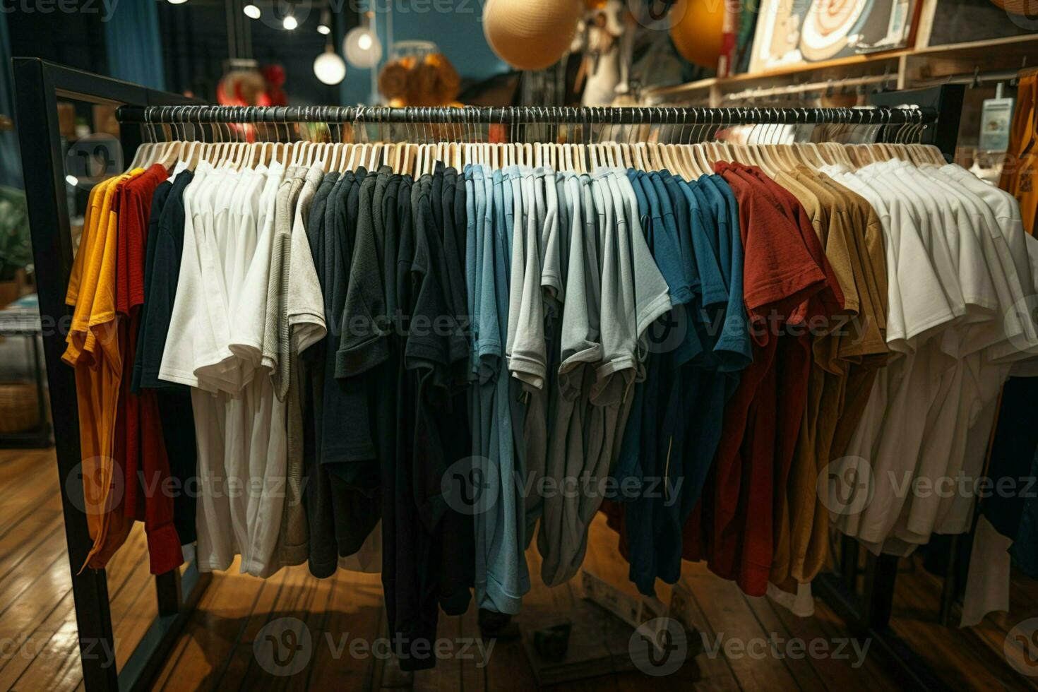 AI generated Shop offerings a variety of hanging clothes attractively presented for sale photo