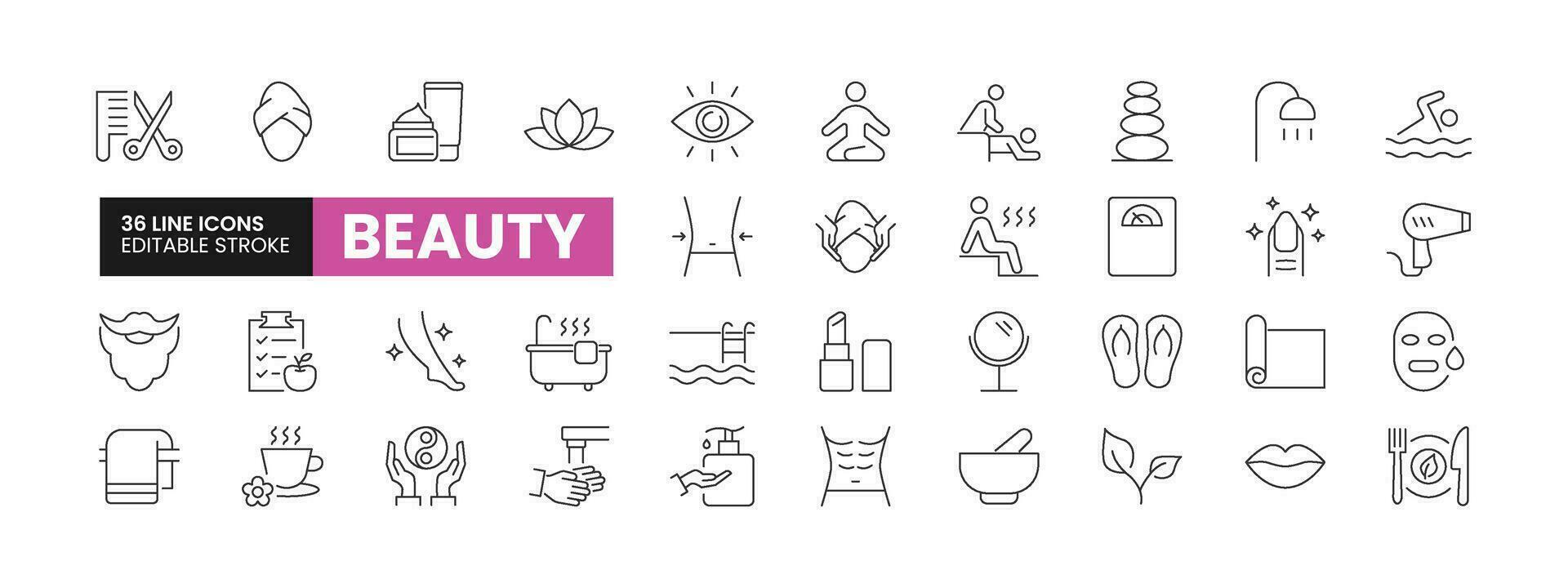 Set of 36 Beauty line icons set. Beauty outline icons with editable stroke collection. Includes Sauna, Yoga, Swimming, Pedicure, Hair Dryer, and More. vector