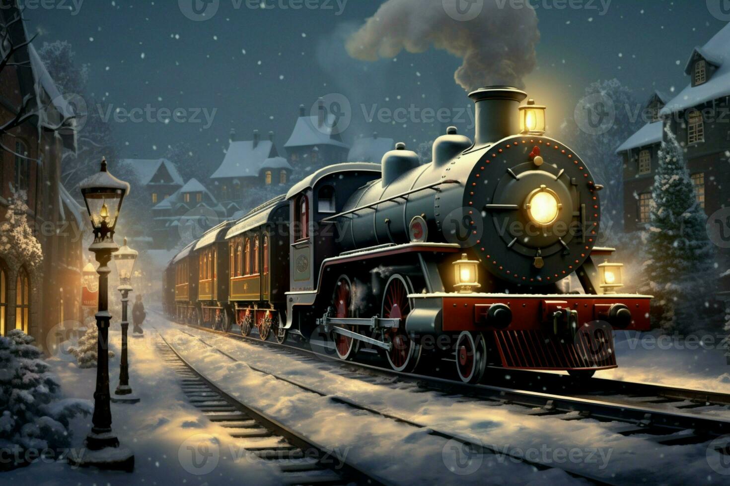 AI generated Christmas train rolling through a winter wonderland AI Generated photo