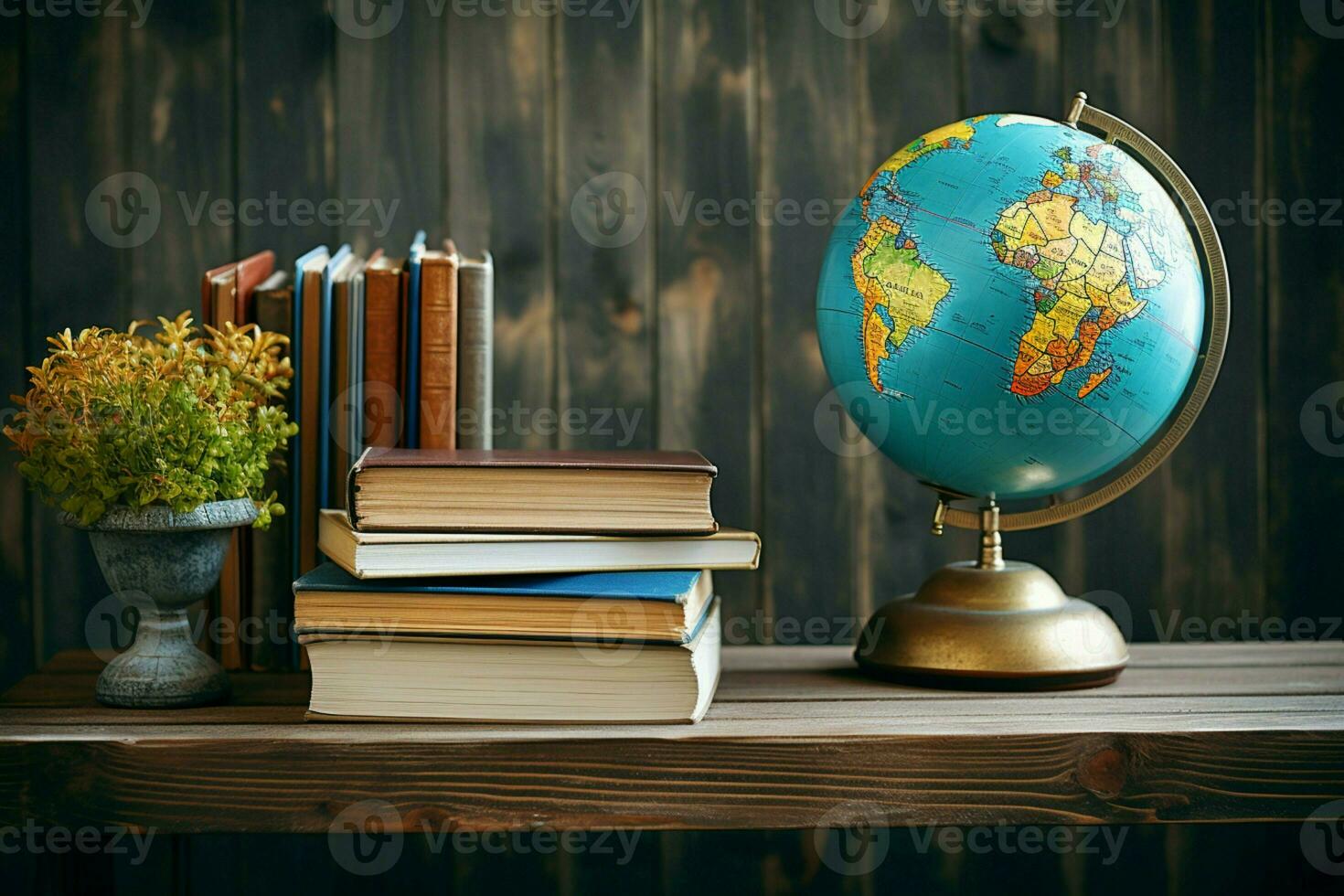 AI generated Knowledge worldwide Earth globe paired with a stack of books AI Generated photo