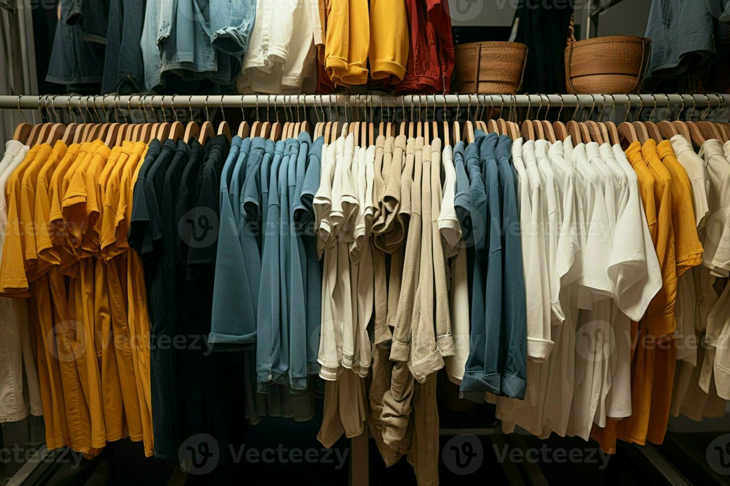 AI generated Shop offerings a variety of hanging clothes attractively presented for sale photo