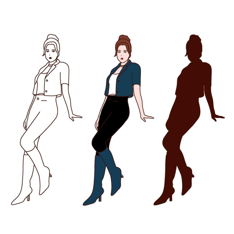 Girl in trendy outfit walking outdoor. vector