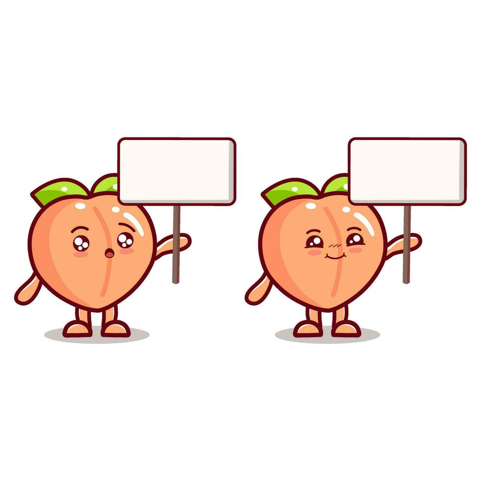 Cute cartoon peach character holding blank board in vector flat cartoon style illustration.
