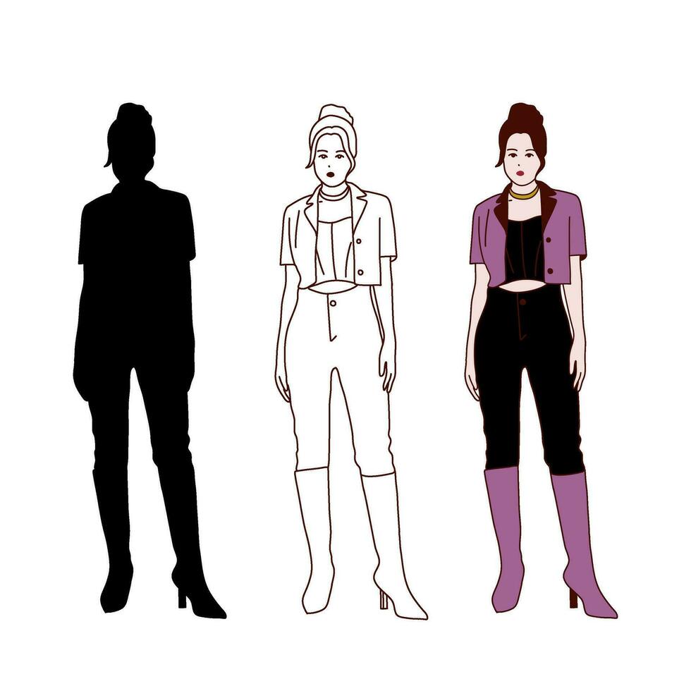Girl in trendy outfit walking outdoor. vector