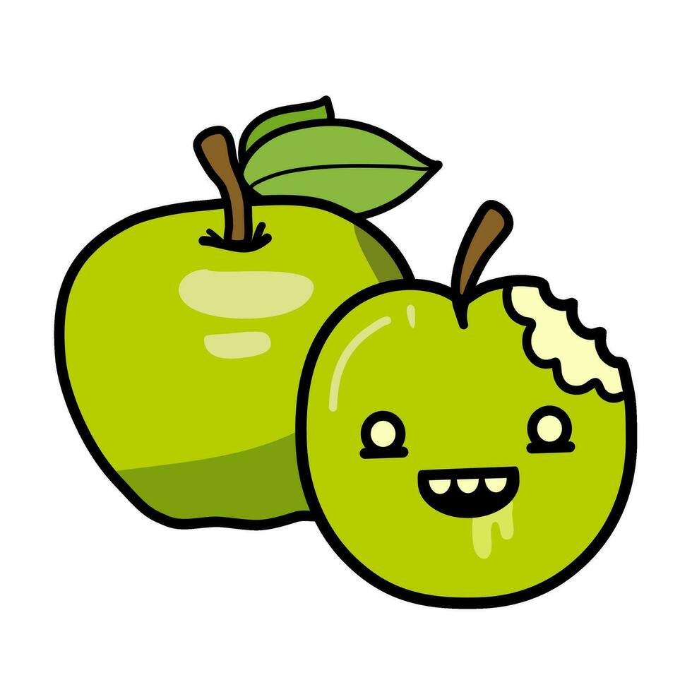 Vector illustration of cute green apple cartoon character.